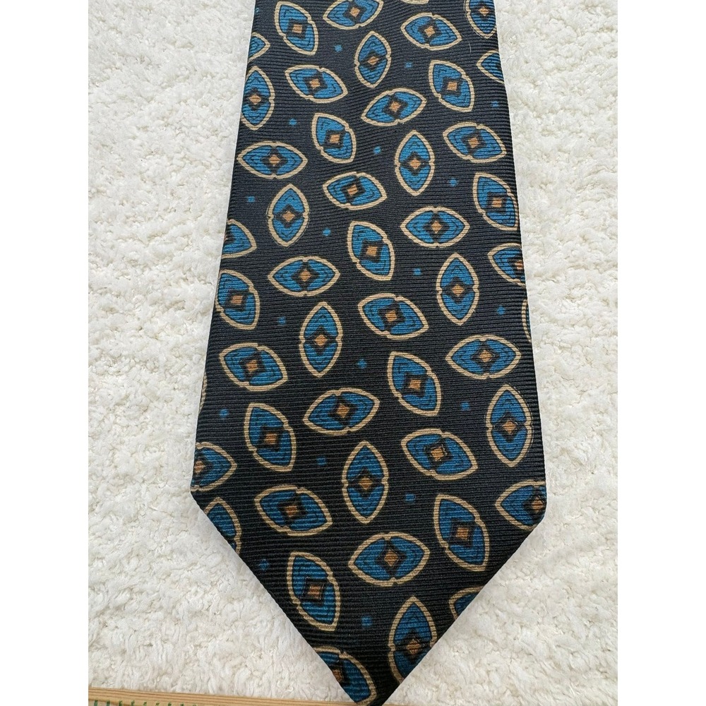 Handmade Tie Necktie Mens Black Excellent Silk Geometric Medallion USA Made